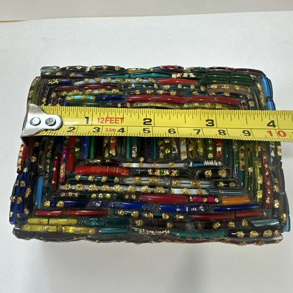 Vintage Indian Glass Bangle Trinket Box Mosaic Handmade Jewelry Case Boho